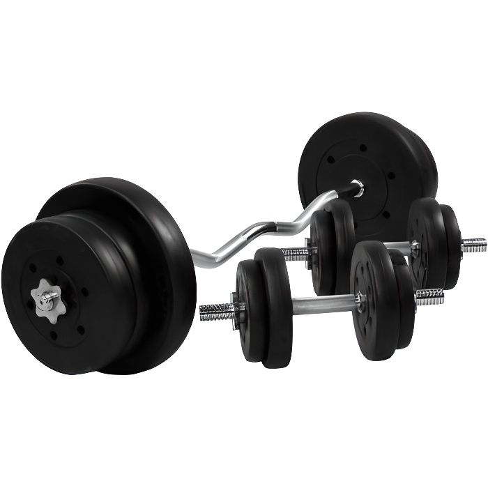 Set d'haltères avec disques revêtement plastique + barre Curl 68 Kg