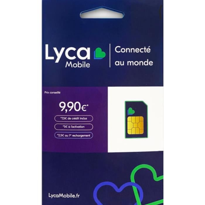 Carte Sim prépayée Lyca Mobile incluant 7,50E de crédit (5E + 2,50E offerts)