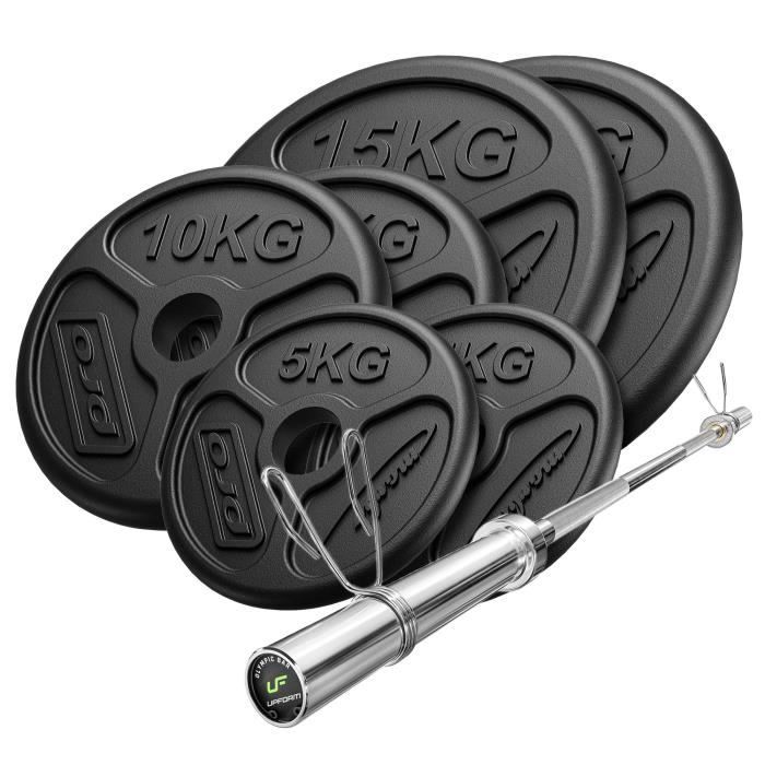 Marbo Sport - Set 75kg - Barre olympique 180 cm + plaques de poids 2x15kg, 2x10kg, 2x5kg