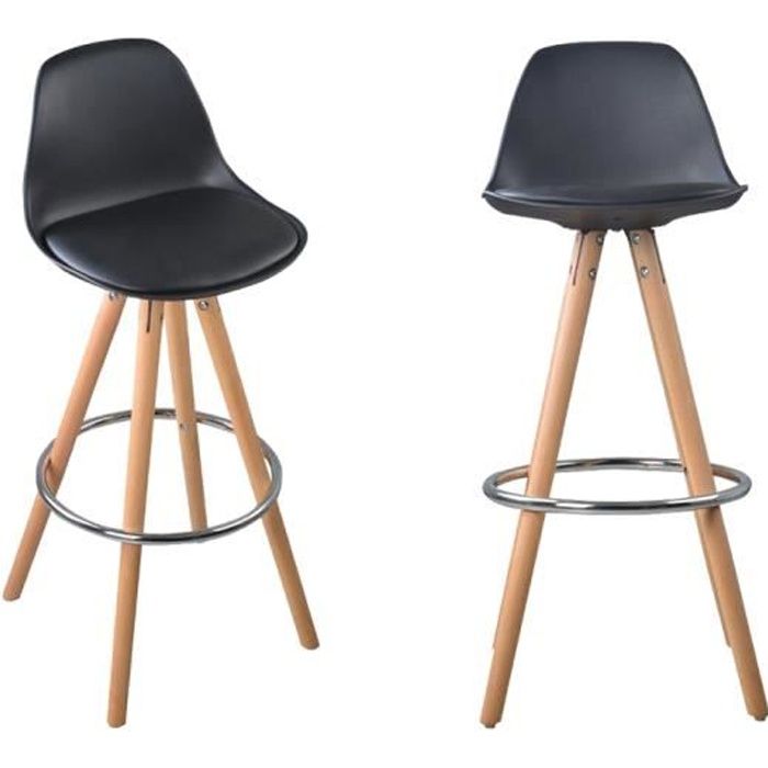 NORDIC lot de 2 tabourets de bar bois massif cuir scandinave chaise pied Noir