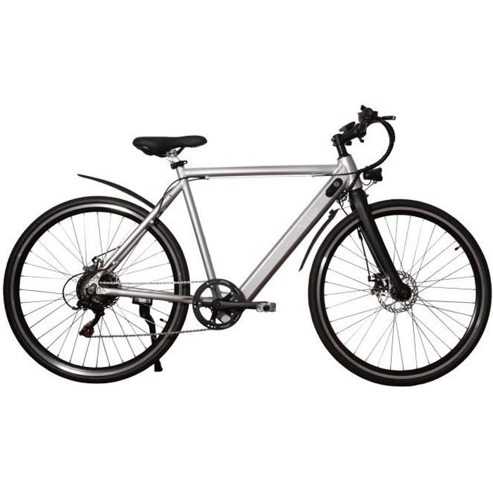 Vélo électrique 28'' - Velair - Shimano 6 vitesses - Freins à disques - Autonomie 40 km - Cadre aluminium - Argent