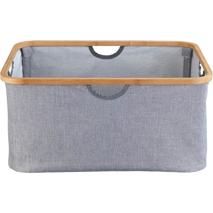 WENKO Panier linge pliable Bahari, panier de rangement tissu salle de bain, Capacité 50L, Polyester - Bambou, Gris - Marron