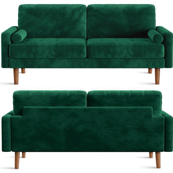 Canapé 3 Places en Velours VertCanapé Scandinave doux et confortable avec 2 coussins pour salonFauteuil Moderne 173×78×85 cm