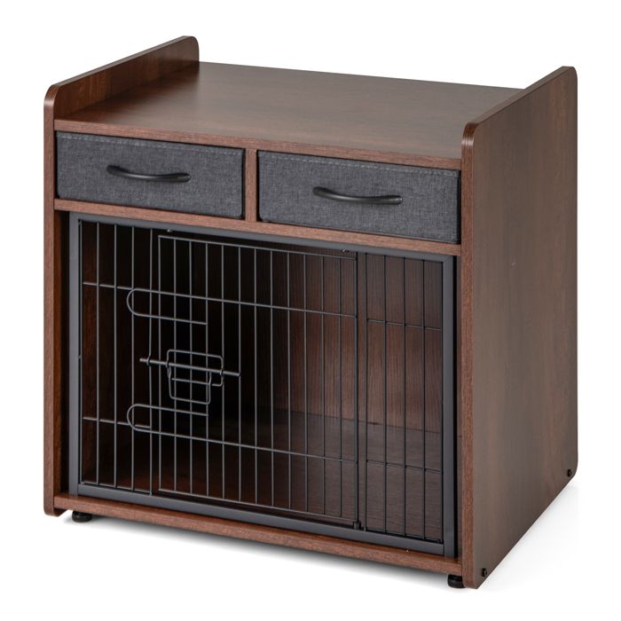 Comparer les prix de GOPLUS Cage pour Chien en Bois, avec 2 Tiroirs en Tissu, Porte Verrouillable, Meuble pour Chenil Intérieur, Construction Durable