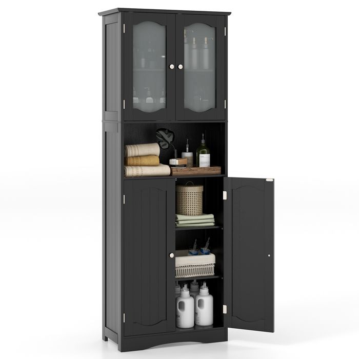 Colonne de Salle de Bain Haute COSTWAY-4 Portes 2 en Verre Dépoli Trempé-Compartiment Ouvert-Étagères Réglables-60x30x164cm Noir