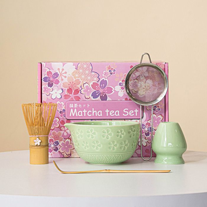 Coffret Matcha Rose, Bol à Matcha Avec Bec Verseur, Support