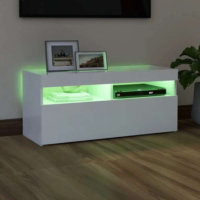 Meuble TV avec lumières LED - WIENS - Blanc - 90x35x40 cm - Lumières LED RVB - Bois dingénierie