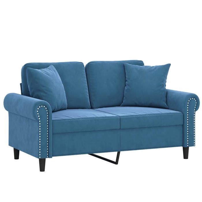 Canapé 2 places en velours - SOLOMOON - Bleu - 120 cm - 152x77x80 cm - Velours doux - Oreillers décoratifs 40x40 cm