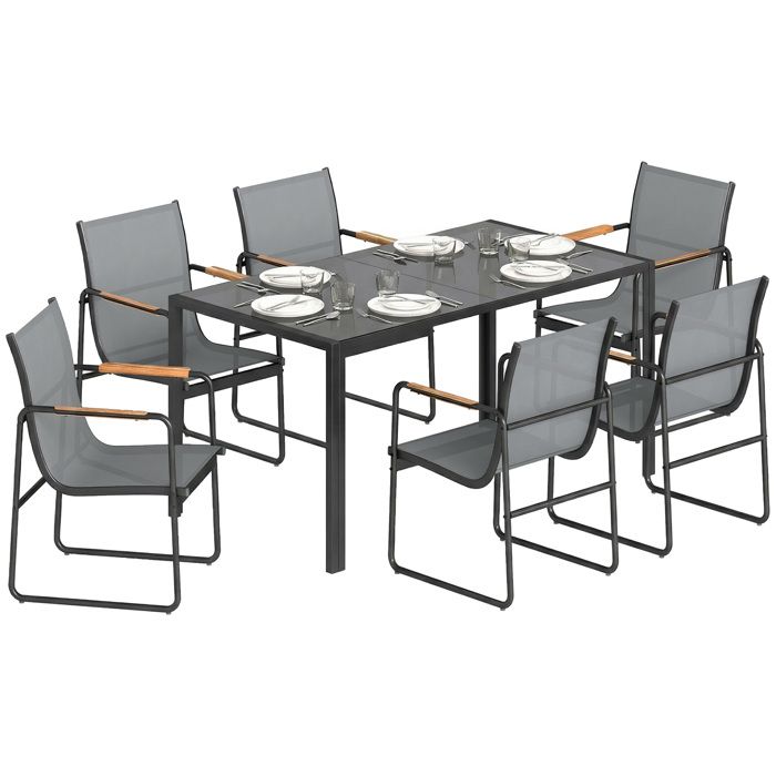 Salon de jardin - Outsunny - 7 pièces pour 6 personnes - table verre - acier - terrasse - gris