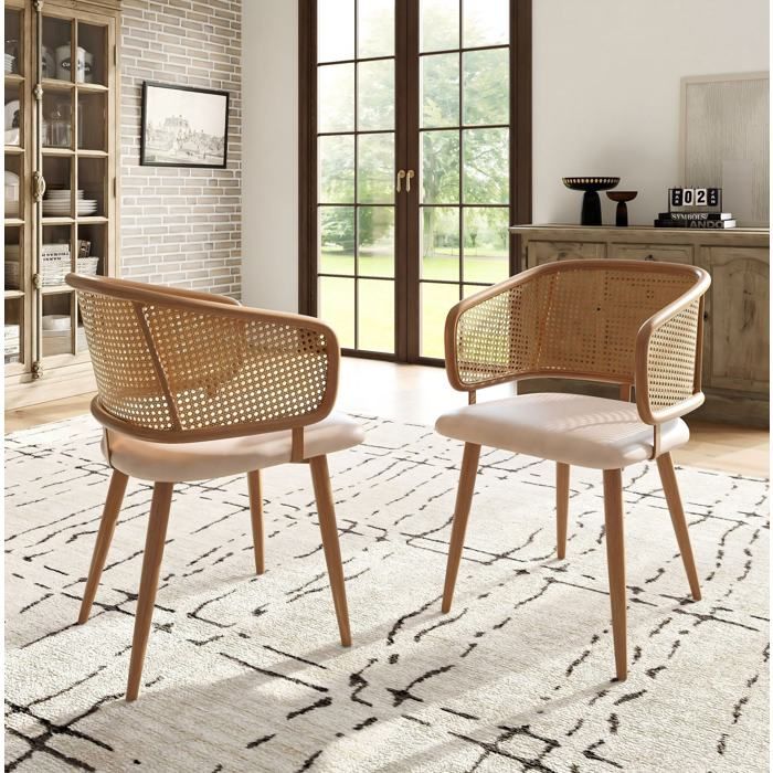 Lot de 2 chaises de salle à manger 47x51x79 cm dossier en rotin assise PU antidérapante pieds métal effet bois beige