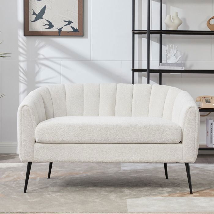 Canapé 2 places en Chenille Rayé Blanc - Banquette Scandinave avec Siège plus épais et plus profond - Pieds en Métal Stable - Chic