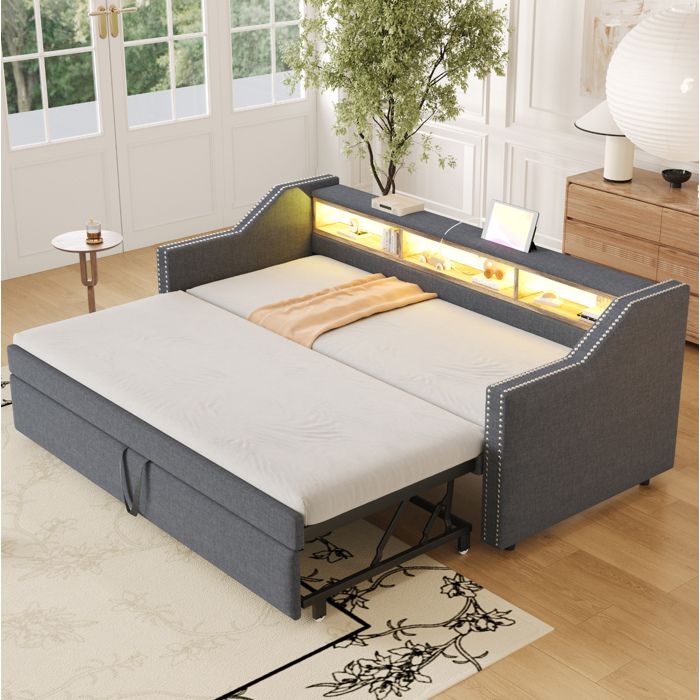 Lit banquette convertible avec tiroir gigogne rangements latéraux LED et USB gris foncé