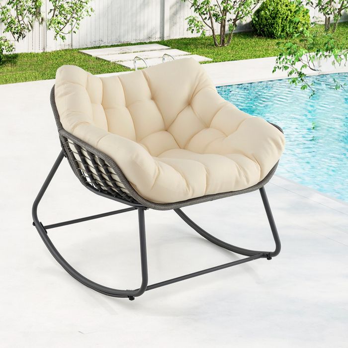GIANTEX Fauteuil à Bascule avec Coussin Chaise Large et Enveloppante Assise en Rotin Structure en Métal Charge 150 kg Beige GIANTEX Fauteuil à Bascule avec Coussin Chaise Large et Enveloppante Assise en Rotin Structure en Métal Charge 150 kg Beige