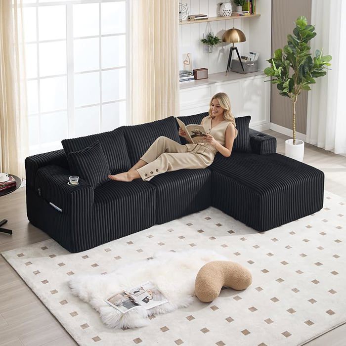 Canapé dangle L 257cm velours côtelé siège profond 5 coussins 2 porte-gobelets compressé méridienne pour salon noir CANAPE