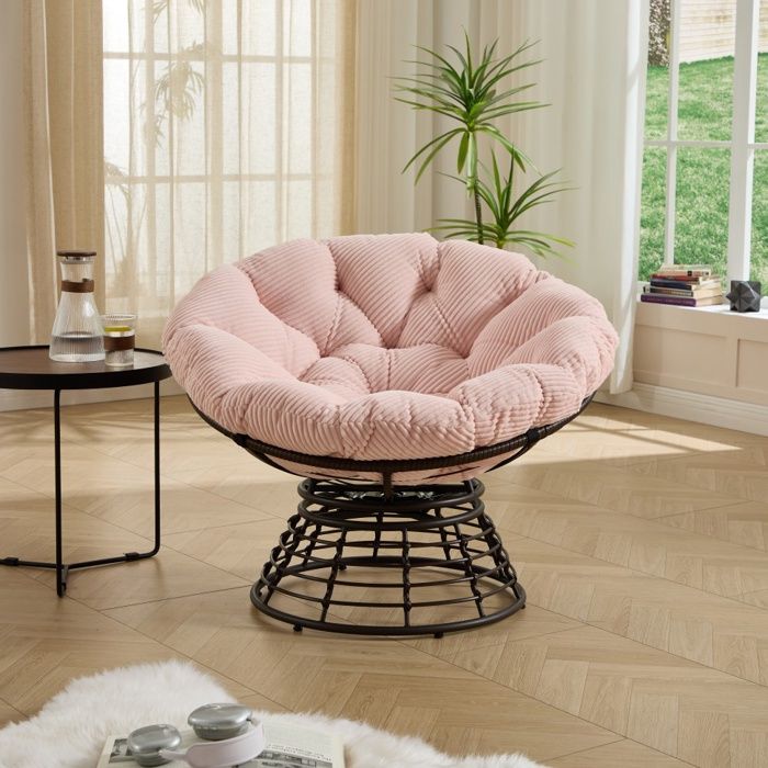 Fauteuil Papasan Pivotant à 360° en Résine Tressée - 92x92x67cm - Coussin Épais Velours Côtelé Confortable - Marron et Rose