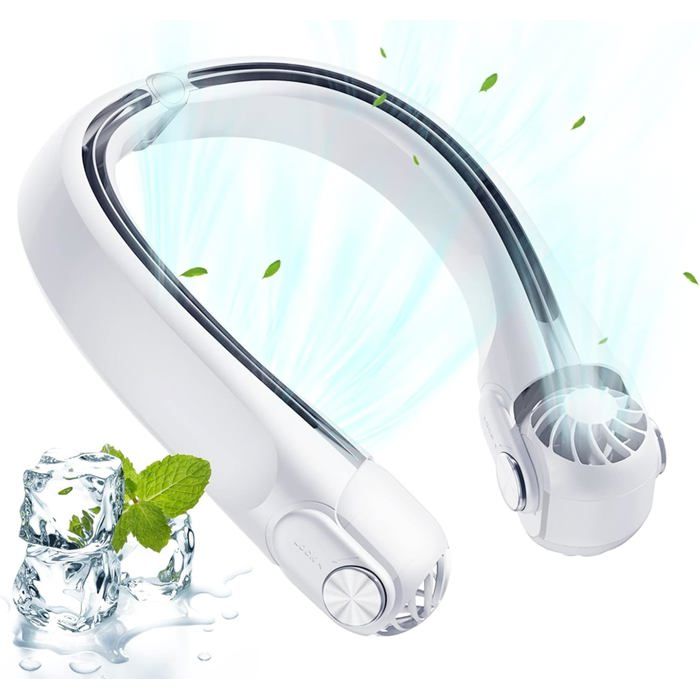 Ventilateur de cou 360° portable mini ventilateur nuque sans pale 2400 mAh à 3 vitesses blanc rechargeable USB