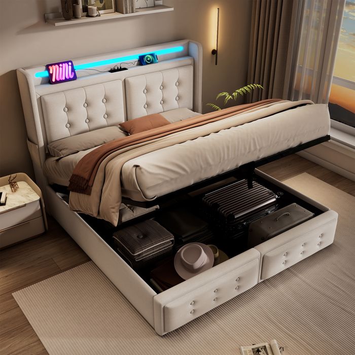 Lit Coffre 180x200 cm Beige Lit Simple Rembourré avec Tête de Lit LED Prises USB-C et Sommier à Lattes Relevable - Tissu Coton Lin