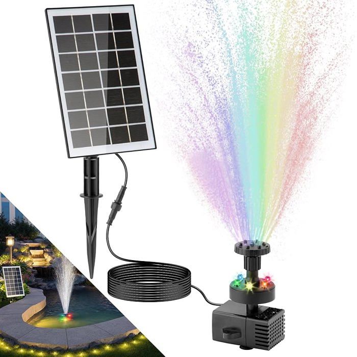 Pompe Solaire pour Fontaine à Eau avec Batterie 2000 mAh 3 5 W kit de Pompe de Fontaine Solaire avec 8 Lumières Colorée DEVELOPPEUR