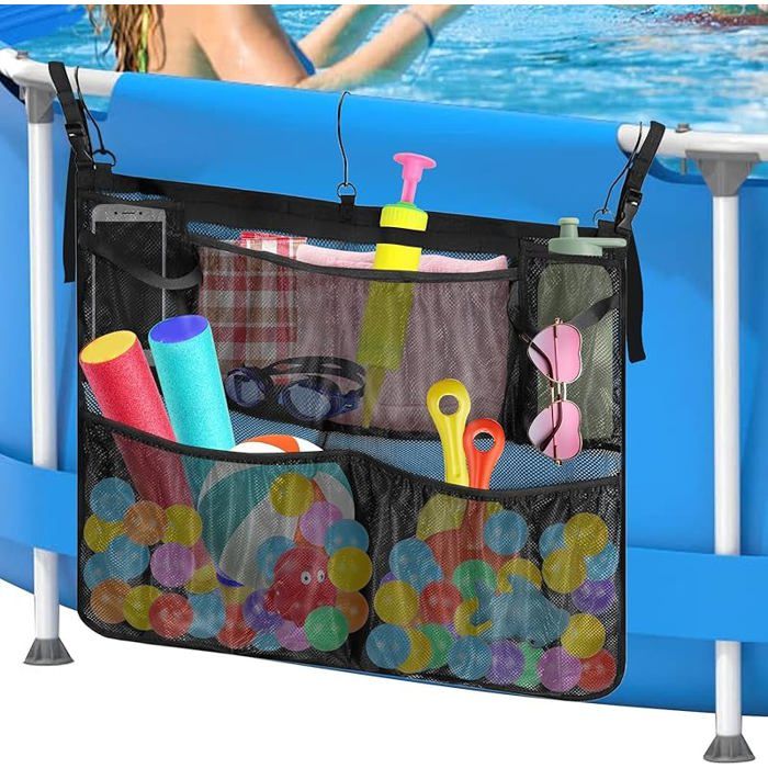 Panier de Rangement de PiscineSac Pochette en Maille Réglable au Bord de Piscine avec 5 Poches Convient à 5 cm Moins Rail Supérieur