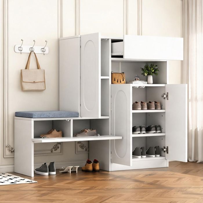 Meuble à chaussures 2-en-1 avec assise – panneaux de particules clean white – portes bombées et fermeture amortie – 130x35x110 cm