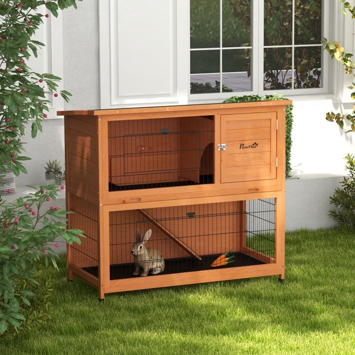 Clapier / cage pour lapins - 123 x 63 x 112 cm - Résistante aux intempéries - 2 niveaux 2 bacs amovibles - Toit asphalté
