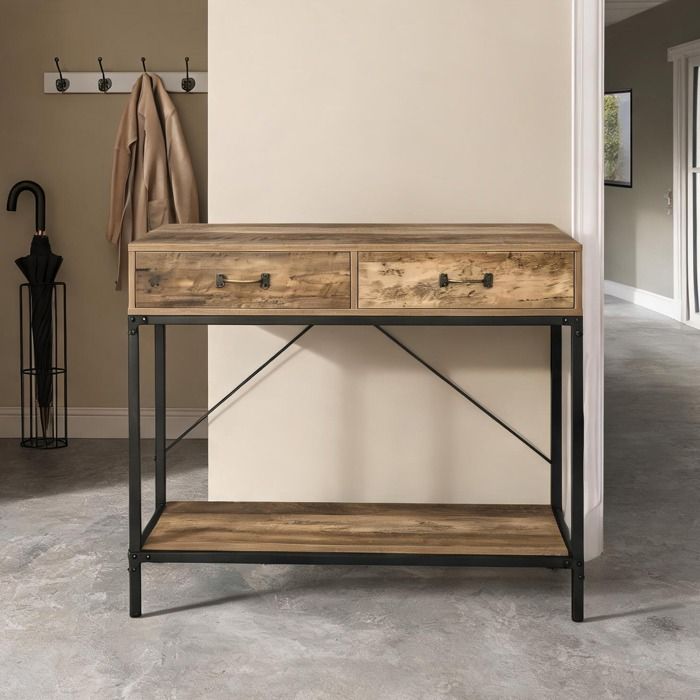 Console vintage en bois brun avec 2 tiroirs et étagère basse cadre métal noir 100x35x765 cm