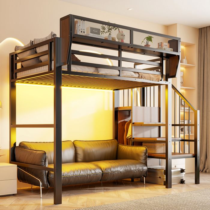 Lit mezzanine 90x200cm avec barre lumineuse LED échelle et espace de rangement lit métal lit superposé pour enfants et adulte Noir