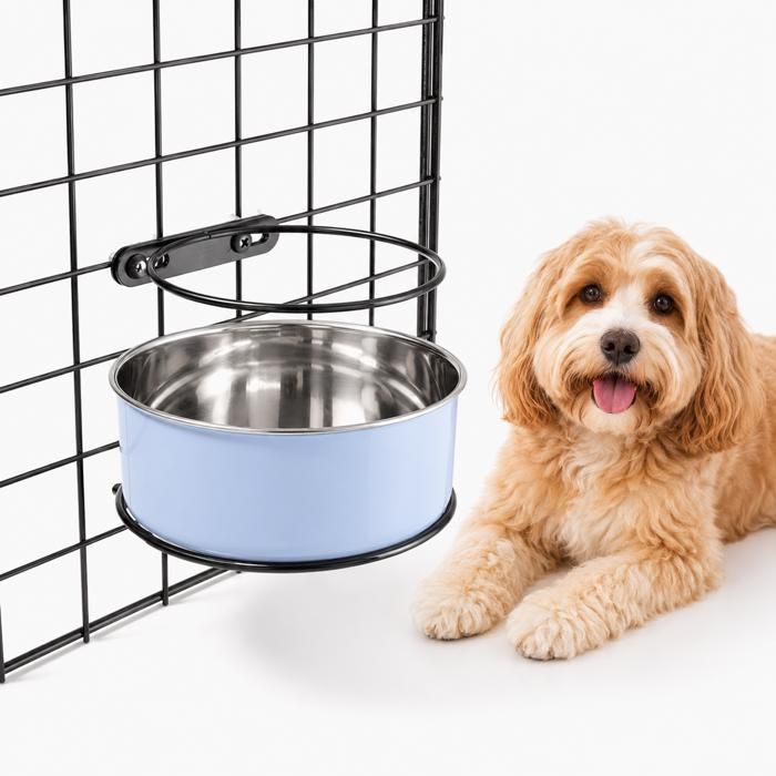 Gamelle suspendue pour cage 14 cm pour chiens et chats en acier inoxydable bleue pour eau et nourriture fixation stable