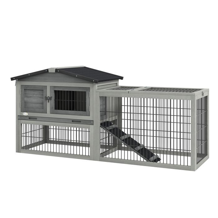 Cage extérieure animaux 156x58x68 cm gris foncé avec plateau coulissant râtelier à foin et rampe facile à nettoyer