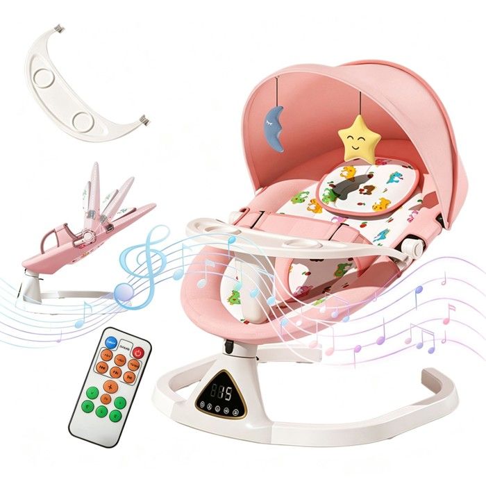 Chaise Bascule Bébé Électrique Intelligente  Berceau 0-18M  Bluetooth LED & Télécommande  Moustiquaire  Rose