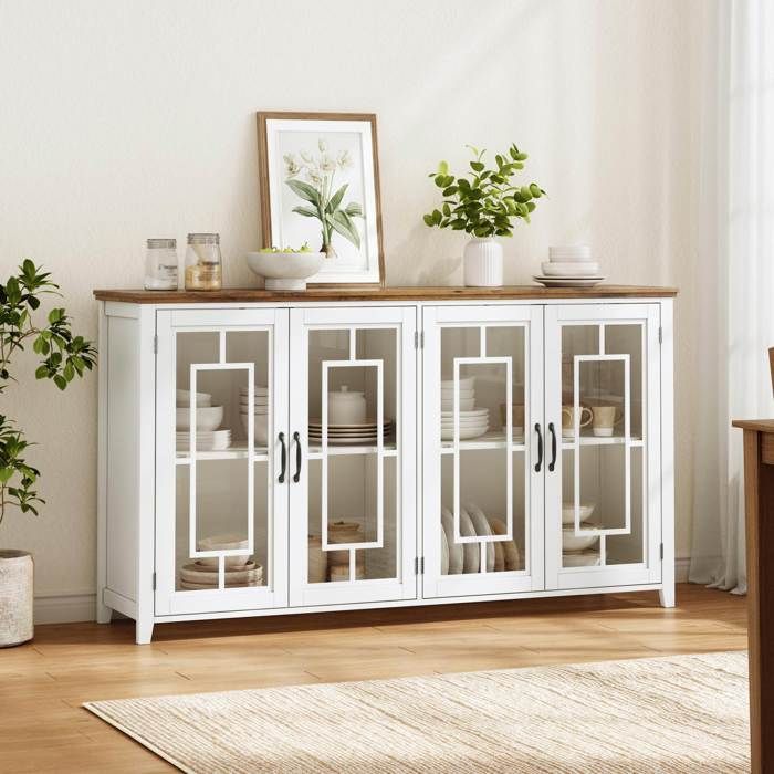 Buffet de cuisine 160 cm blanc avec 4 portes vitrées plan de travail aspect bois étagères fixes MDF