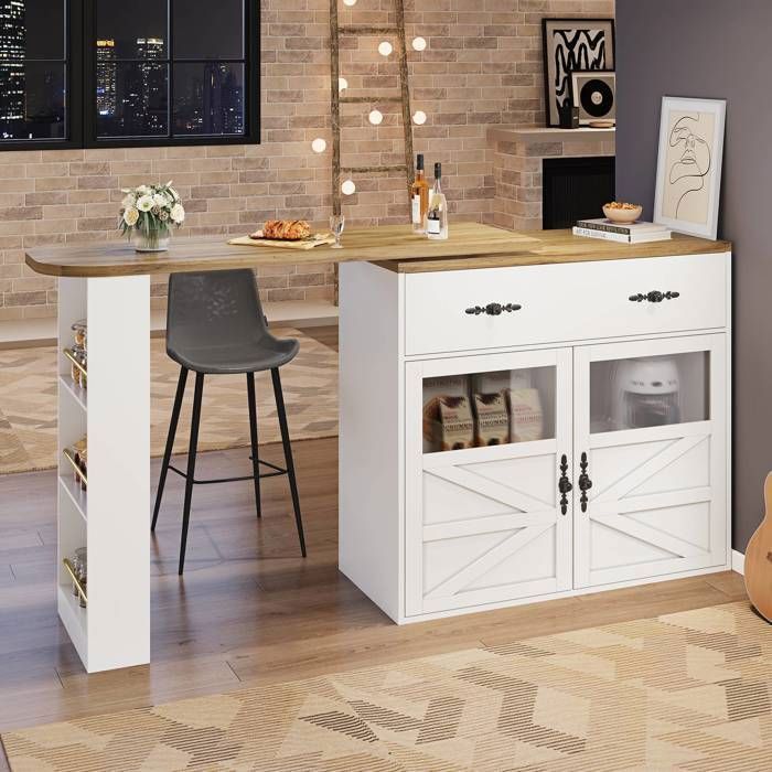 Table bar extensible avec rangement 138-204 cm îlot de cuisine pivotant 360° étagères réglables et tiroir blanc moderne