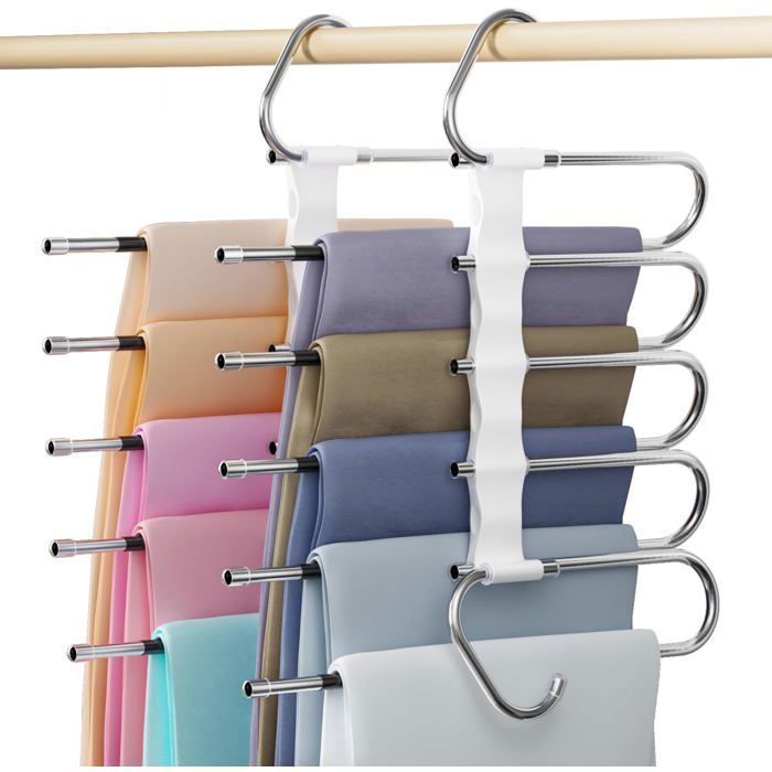 Cintres Pantalons 5 en 1 - Lot de 2 - Plastique Renforcé et Métal - Gain de Place Antidérapant - Pour Jeans et Éc