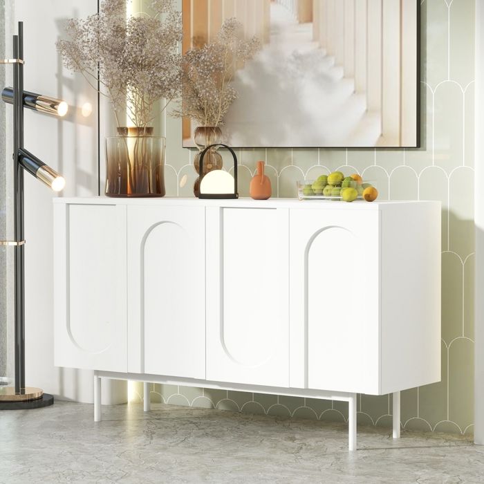 Buffet Bas Moderne Style Minimaliste 4 Portes en Arc de Cercle Meuble dEntrée MDF Armoire de Salon 140x42x80cm Blanc