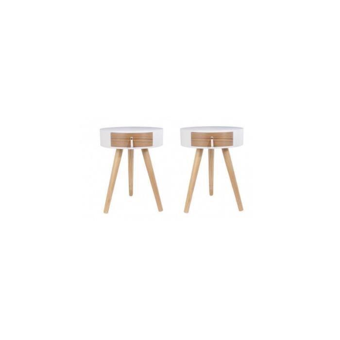 tables de chevet - lot de 2 tables de chevet ronde en bois avec tiroir - nora - d 34,5 x 47 cm - blanc beige