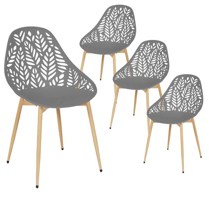 SAYA - Lot de 4 Chaises de Jardin Coque Plastique Ajourée Gris Pieds Métal SAYA - Lot de 4 Chaises de Jardin Coque Plastique Ajourée Gris Pieds Métal
