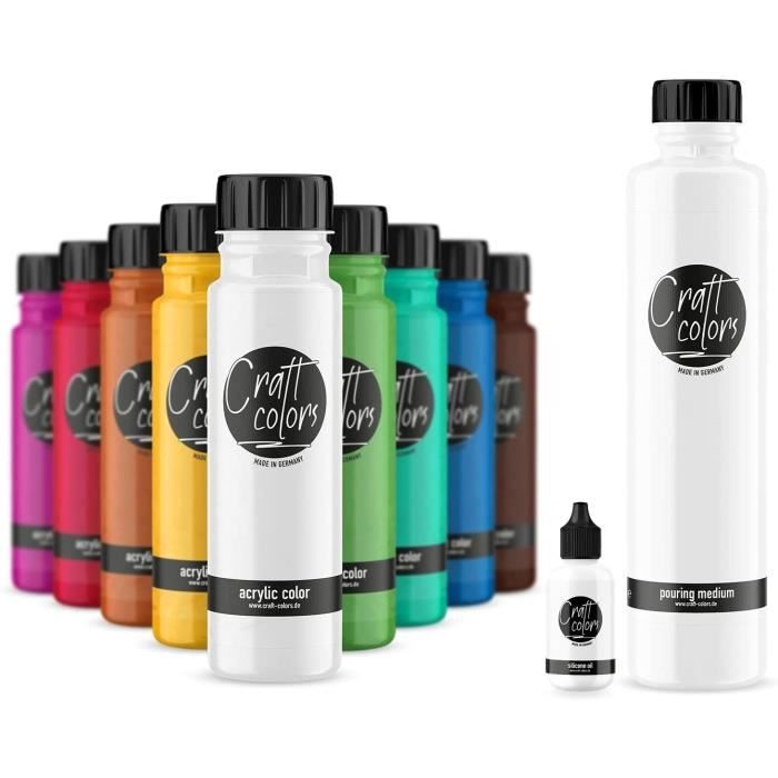 Craft colors® Kit de pouring Rainbow - 10 pots de peinture acrylique de 250  ml + 1 moyen de pouring de 750 ml + 30 ml d'huile d[195] - Cdiscount  Beaux-Arts et Loisirs créatifs
