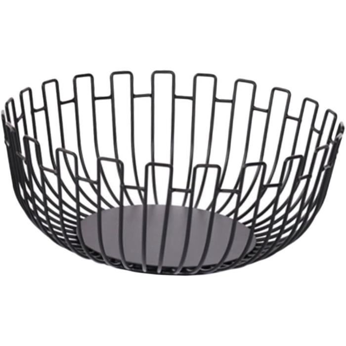 Panier De Rangement Métal Noir - Corbeille à Fruits Et Pain Avec Grillage Et Plateau Bois - Pratique Pour Cuisine Et Garde-Manger