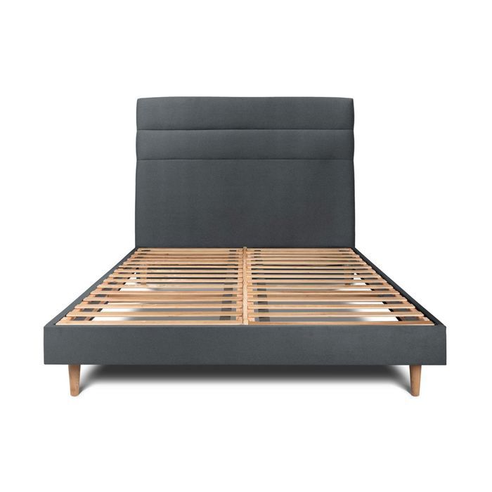 Lit 140x190cm avec tête de lit lignes velours et sommier kit anthracite - Hauteur totale : 29cm Lit 140x190cm avec tête de lit lignes velours et sommier kit anthracite - Hauteur totale : 29cm