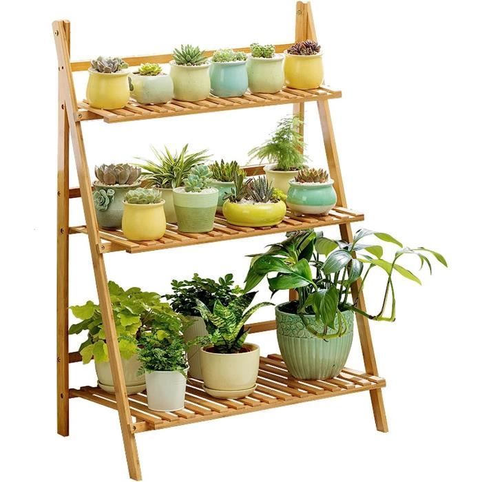 Étagère Suspendue En Bambou Pour Plantes - 3 Niveaux Pliables - 70x40x141 Cm - Idéale Balcon, Jardin Ou Intérieur - 9