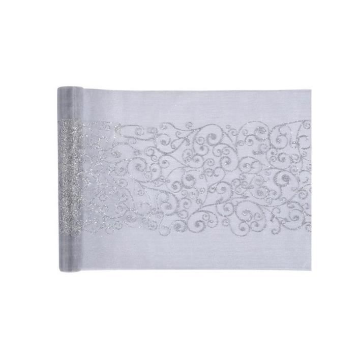 Runner Da Tavolo In Organza Arabesque – Colore Prugna Con Glitter Argento, 28 Cm X 5 Metri