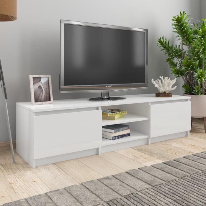 Meuble TV Contemporain - BEST2739 - Blanc brillant - 140 cm - Porte(s) - Aggloméré