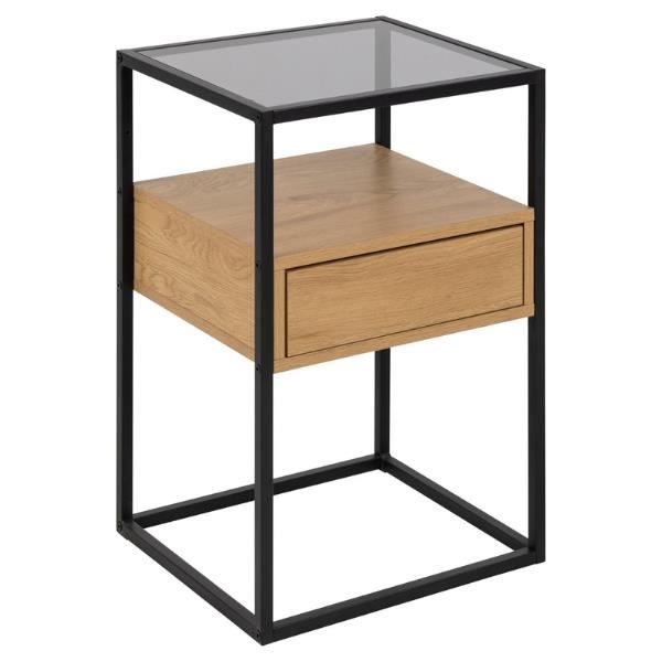la table de chevet carrée randolf : plateau en verre fumé, tiroir/tablette en mélamine, base en acier. design moderne et épuré.