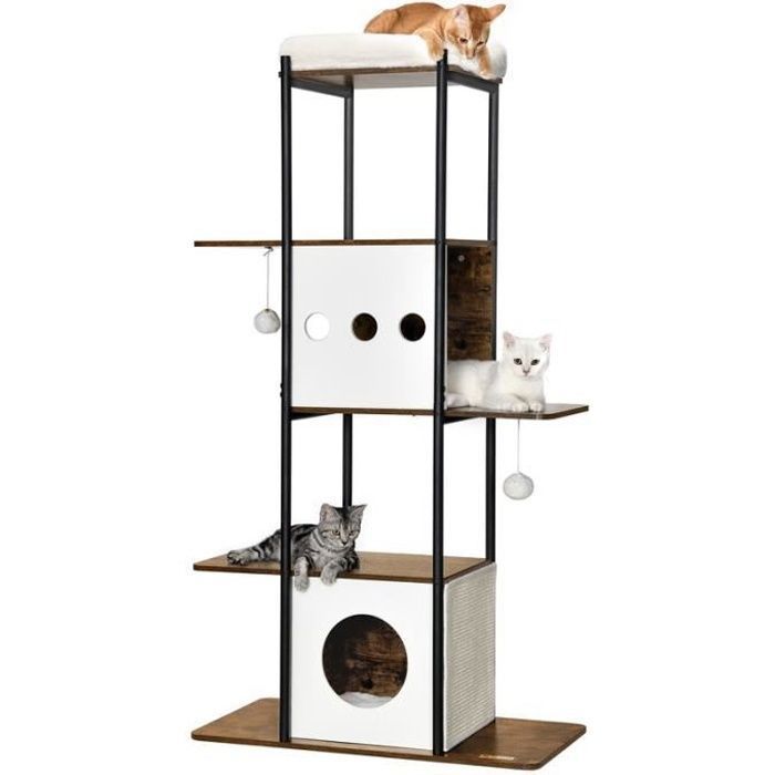 Comparer les prix de Arbre à Chat, 153 cm, avec Griffoirs, Coussins Amovibles et Lavables, Grandes Plateformes, Marron Rustique
