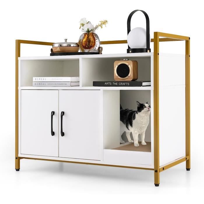 Comparer les prix de GOPLUS Maison de Toilette pour Chat, 89 x 45 x 74,5 CM, Armoire pour Chat Cadre en Acier avec Compartiments et Griffoir, Blanc