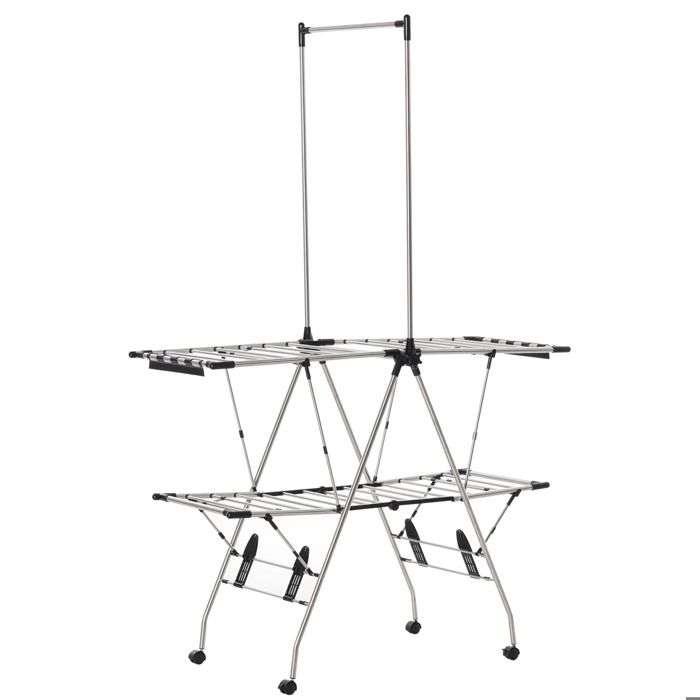 Séchoir à linge - étendoir - HOMCOM - pliable avec roulettes grand espace inox - acier inox - 1385x63x208cm - argent noir