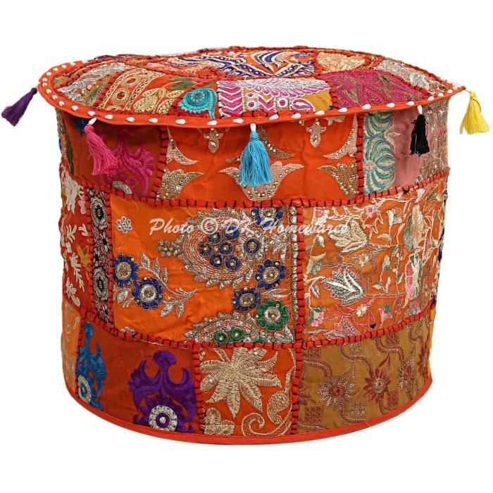 pouf rond traditionnel cache-pouf salon coton brodé orange repose-pieds décoratif - limics24