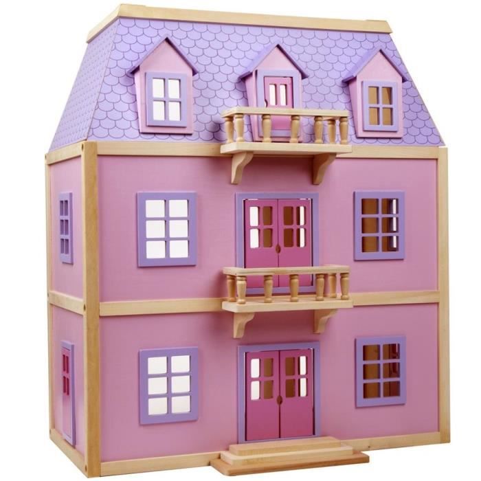 Grande Maison De Poupees Meublee Jouet En Bois 19 Pcs Rose Et