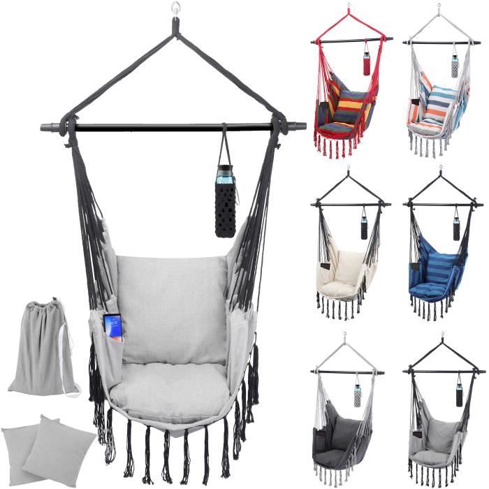 miadomodo® chaise hamac - max 150kg, coussins, en gris clair - fauteuil suspendu, balançoire, jardin, balcon, intérieur/extérieur