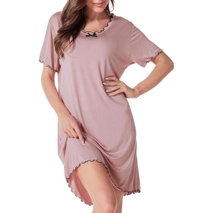 Chemise de Nuit Femme Manches Courtes Robe de Nuit Courte Douce vetements de Nuit ete col Rond Liquette de Nuit Ample avec Volants